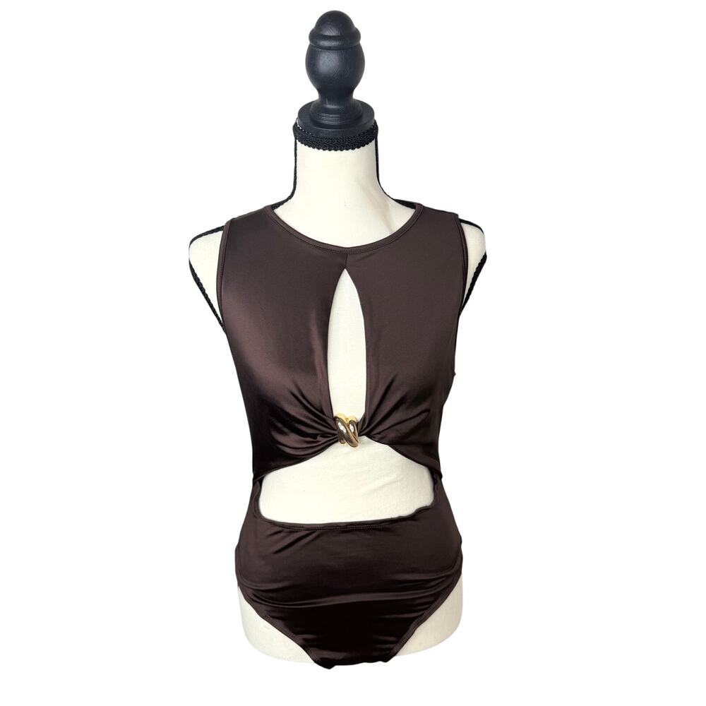 Women Brown Cutout Bodysuit Ring Detail Sleeveless Y2K Going Out Top Medium